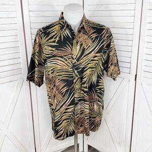 Tori Richard Tropical Palm Leaf Hawaiian Camp Shirt Black Tan Green Large